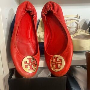 Tory Burch Vibrant Red Flats with Gold Logo